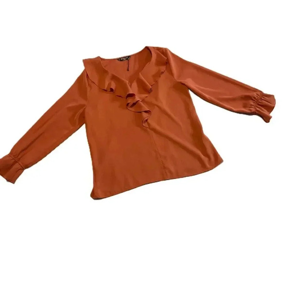 NWT Allegra K Orange Ruffled V Neck Long‎ Sleeve Chiffon Peasant Blouse Womens M - Picture 1 of 7